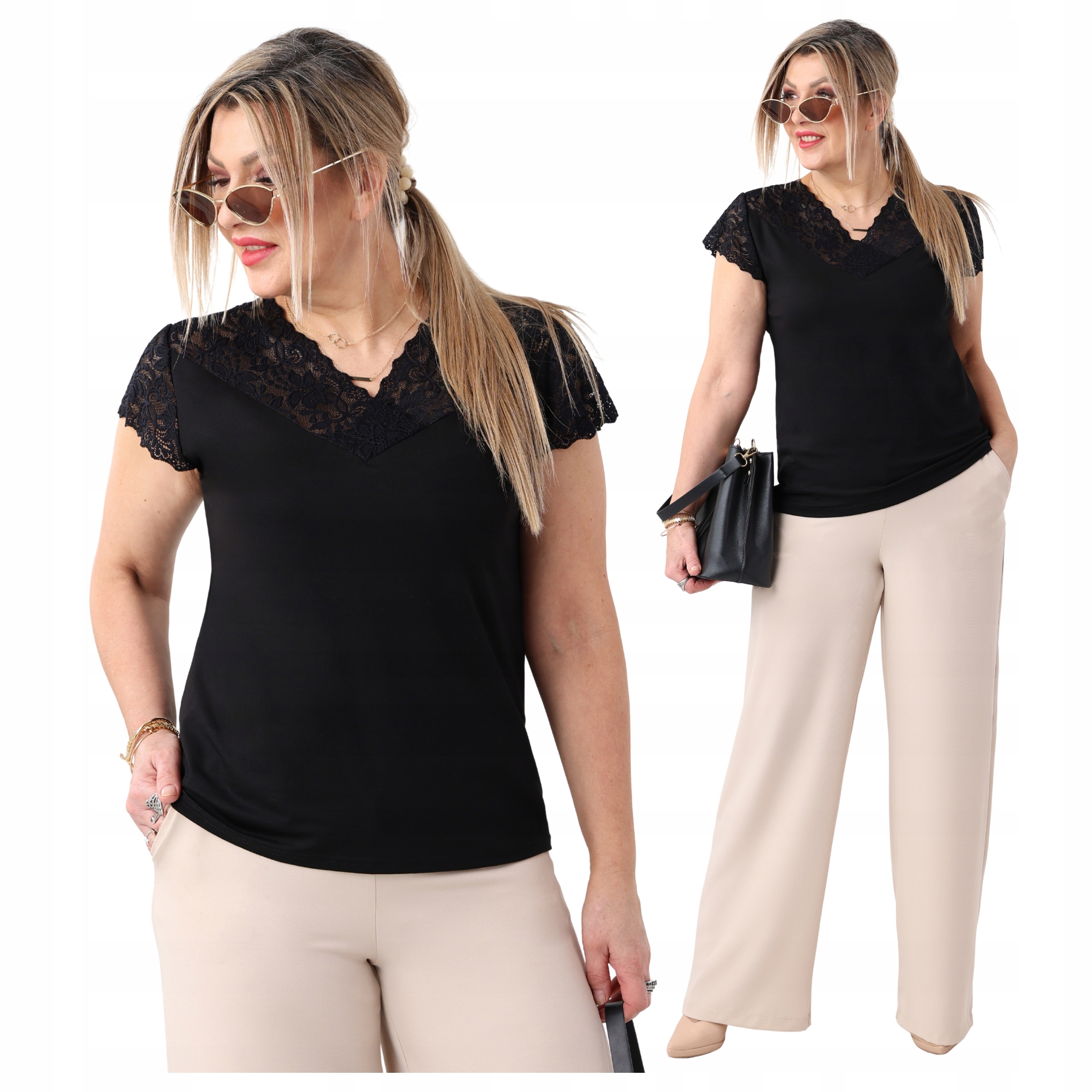 Bluzka Z Koronką Damska Elastyczna Duże Rozmiary Króki Rękaw