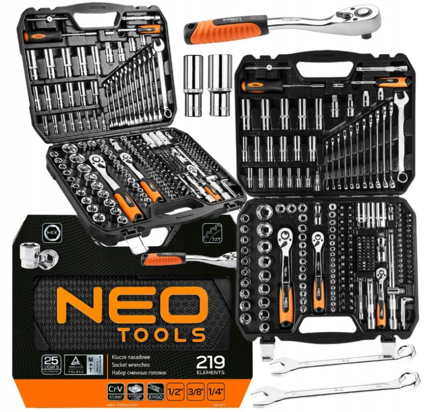 Neu Neo Tools 219-teilig 90T Ratsche Steckschlüsselsatz 1/2, 1/4, 3/8  (Neo