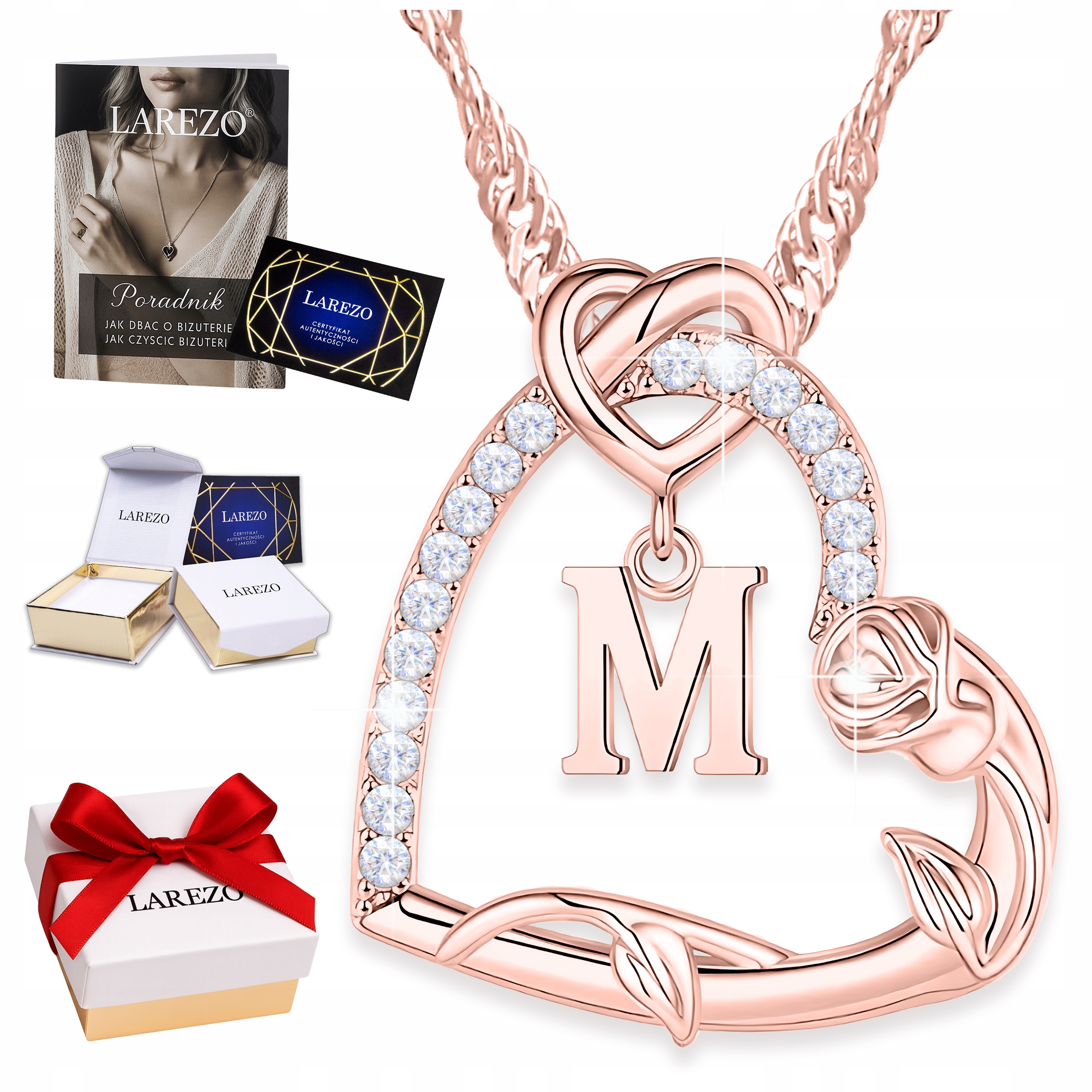 Růžový náhrdelník Srdce s písmenkem Stříbro Květina Symbol života Růže Písmeno M