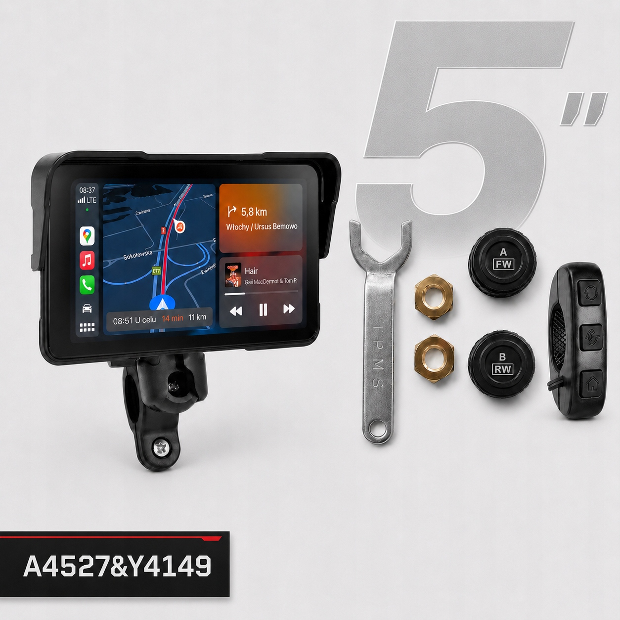 Motocyklowy Dotykowy Ekran CarPlay Android Auto 5” Tpms A4527 & Y4149