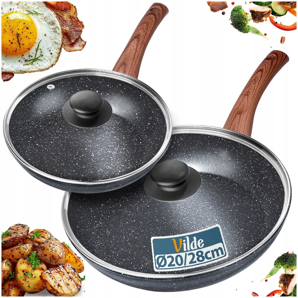 2x Granitová pánev na smažení dušení, sada s poklicí 20 28 cm