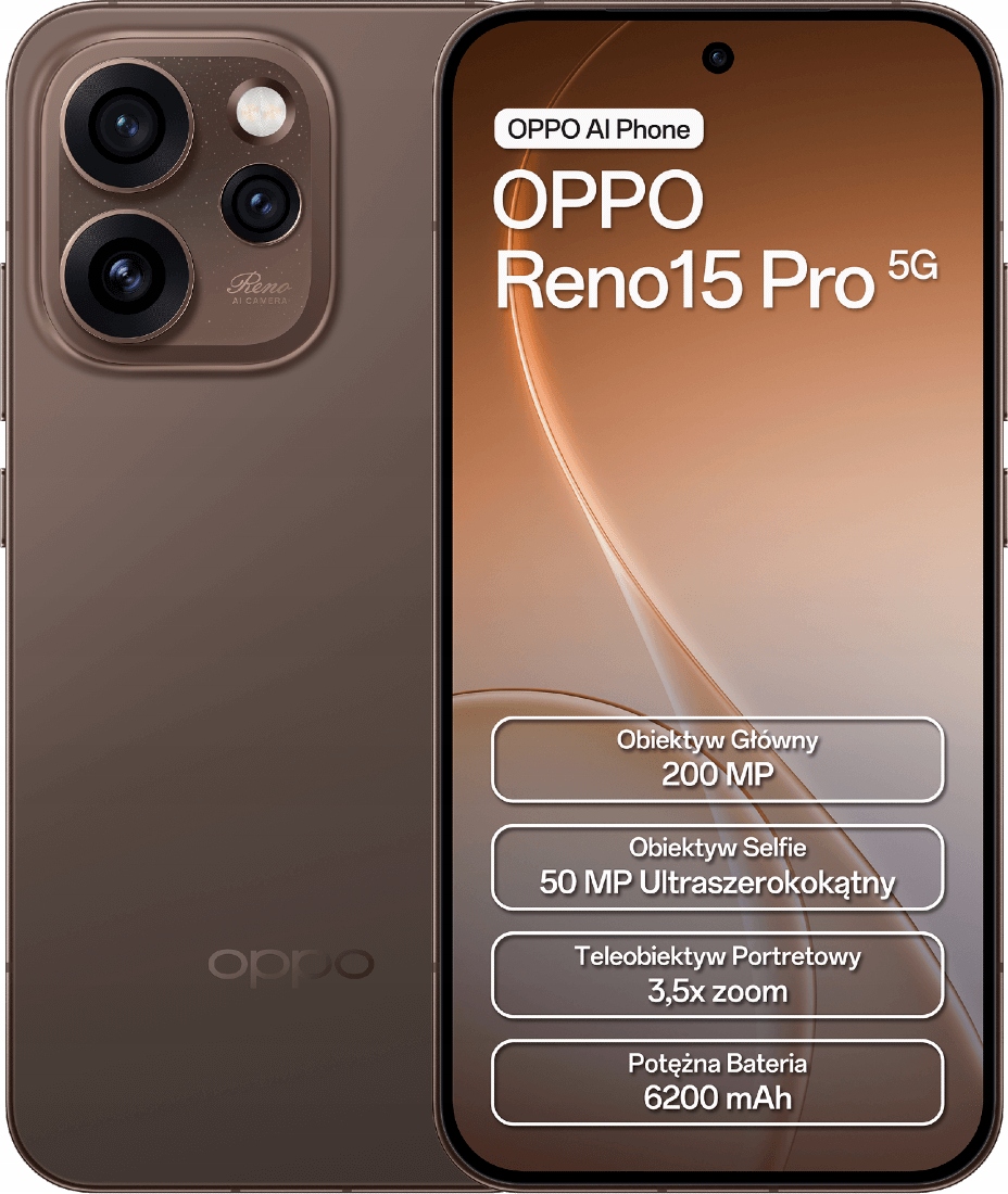 Smartfon OPPO Reno15 Pro 5G 12/512GB OLED 6,32'' 120Hz 200Mpix brązowy