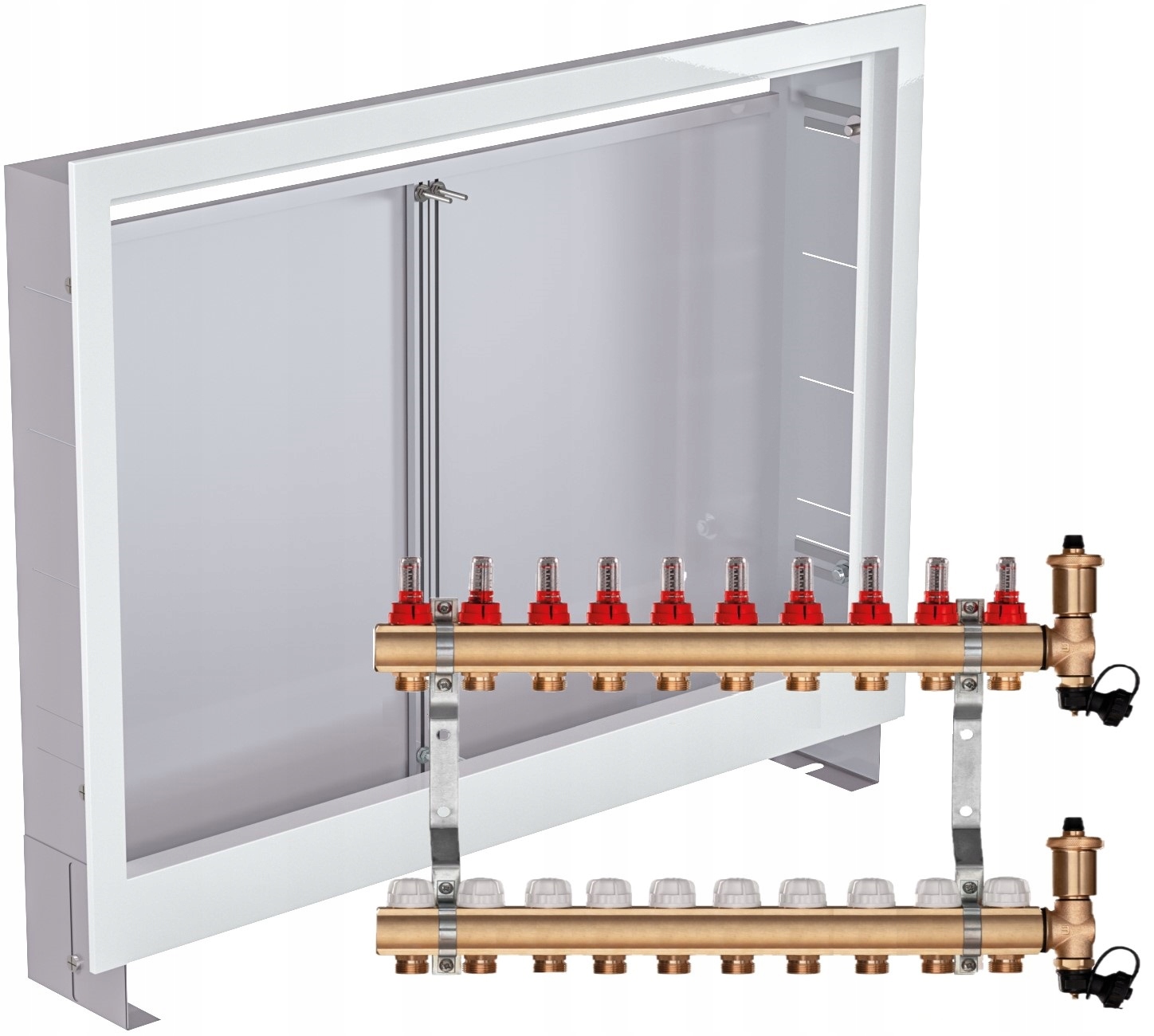 Mosazný rozdělovač pro podlahové topení 10 Podomítková Skříňka