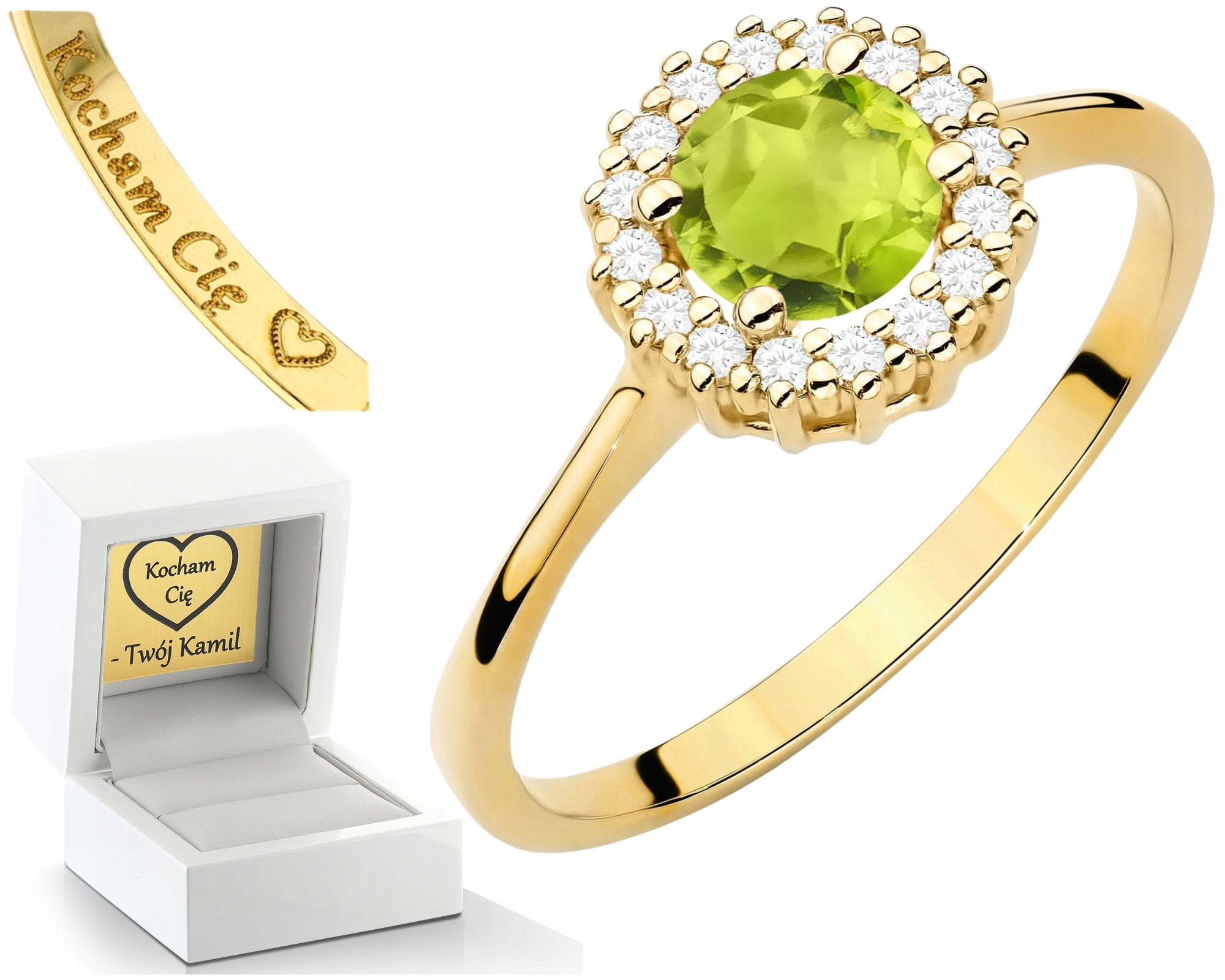 Prstýnek Prsten S Peridinem A Diamanty Gravírovaný, Gravírování 585, Dárek