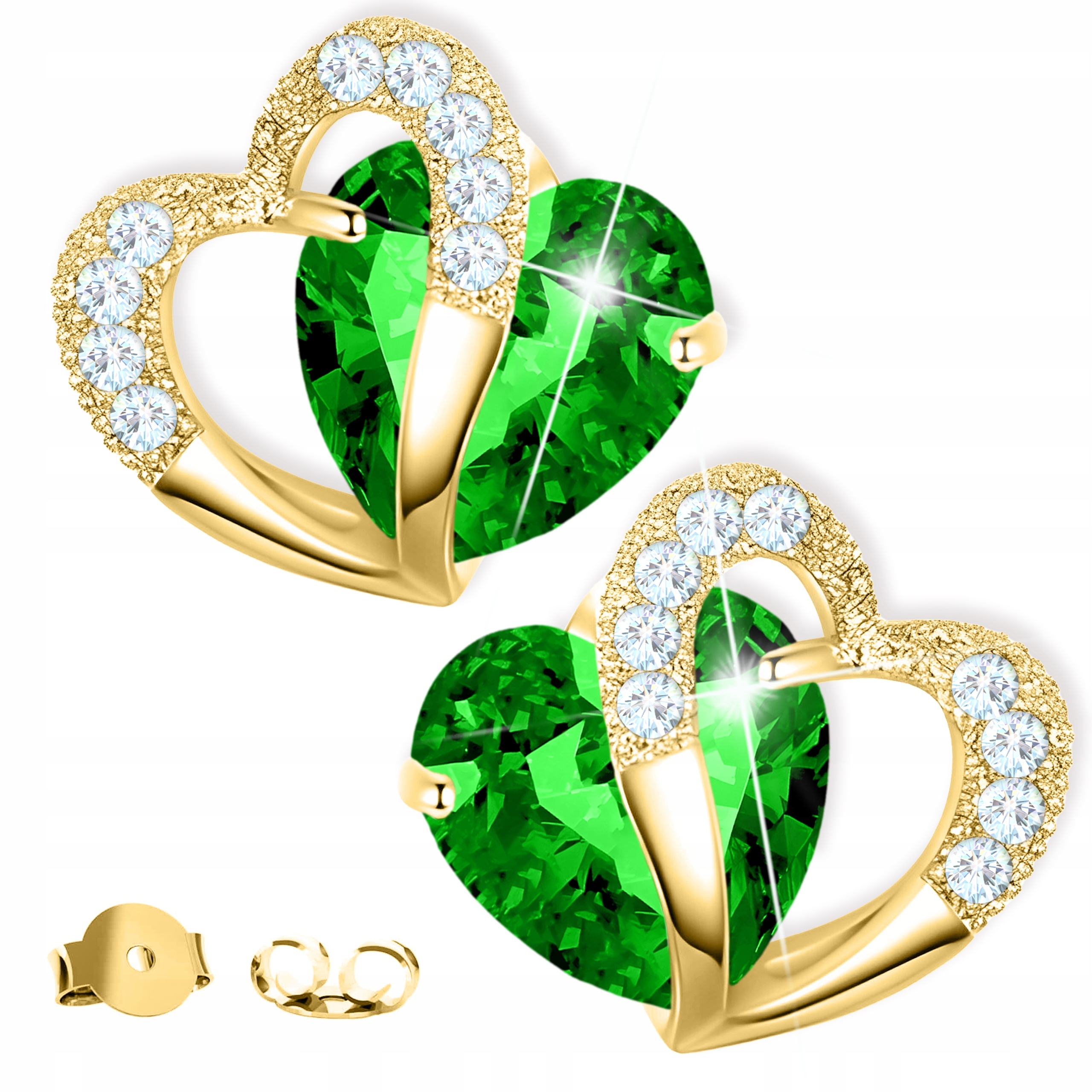 Zlaté Náušnice se zeleným srdcem Zelené srdce s zirkony Stříbro 925