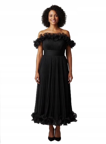 Balen Černá Plisovaná Šaty S Volánky MIDI 42 Opa