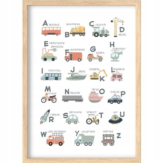 ZESTAW 3 PLAKATY 50x70 ALFABET SAMOCHODY AUTA KOPARKA TRAKTOR SAMOLOT BOHO Długość 70 cm