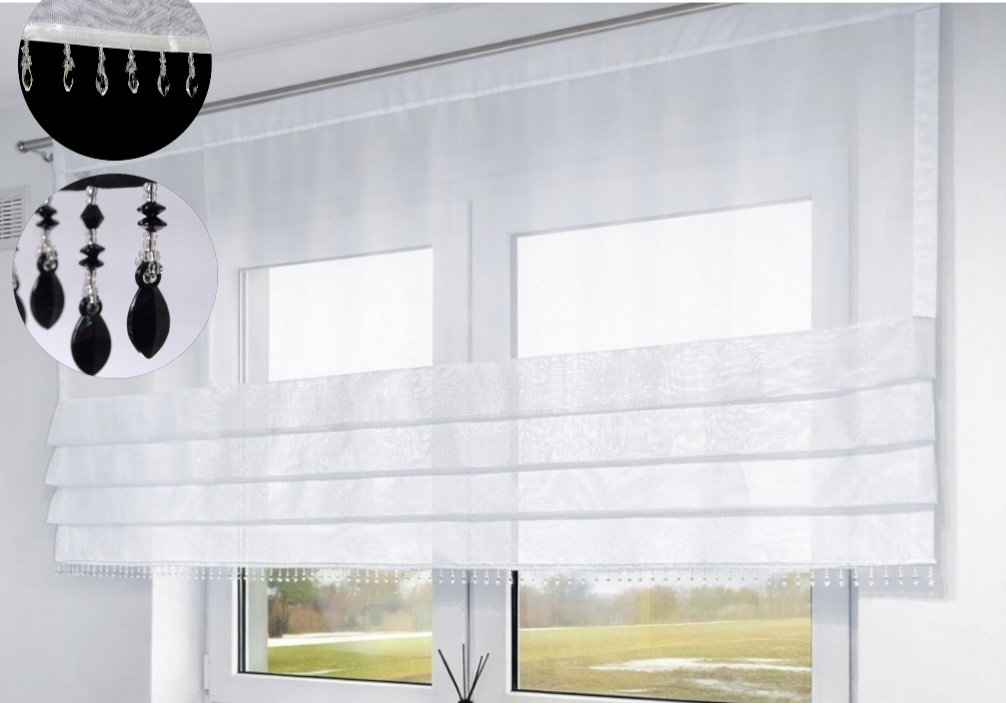 Záclona s moderní voálovou roletou a korálky 240x100 K1