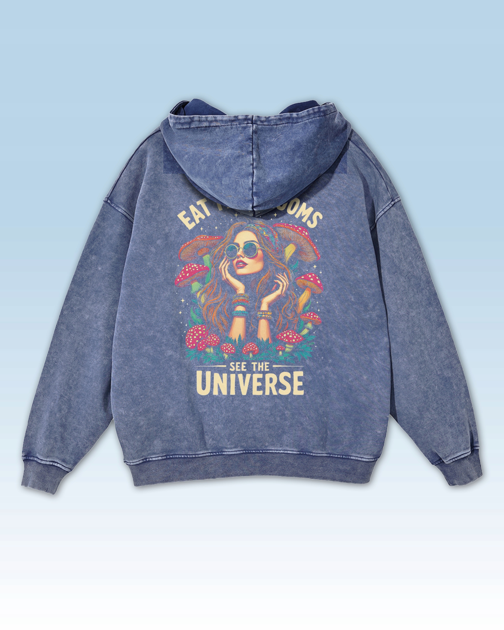 Oversize mikina s kapucí Dívka s houbami modrá XXL