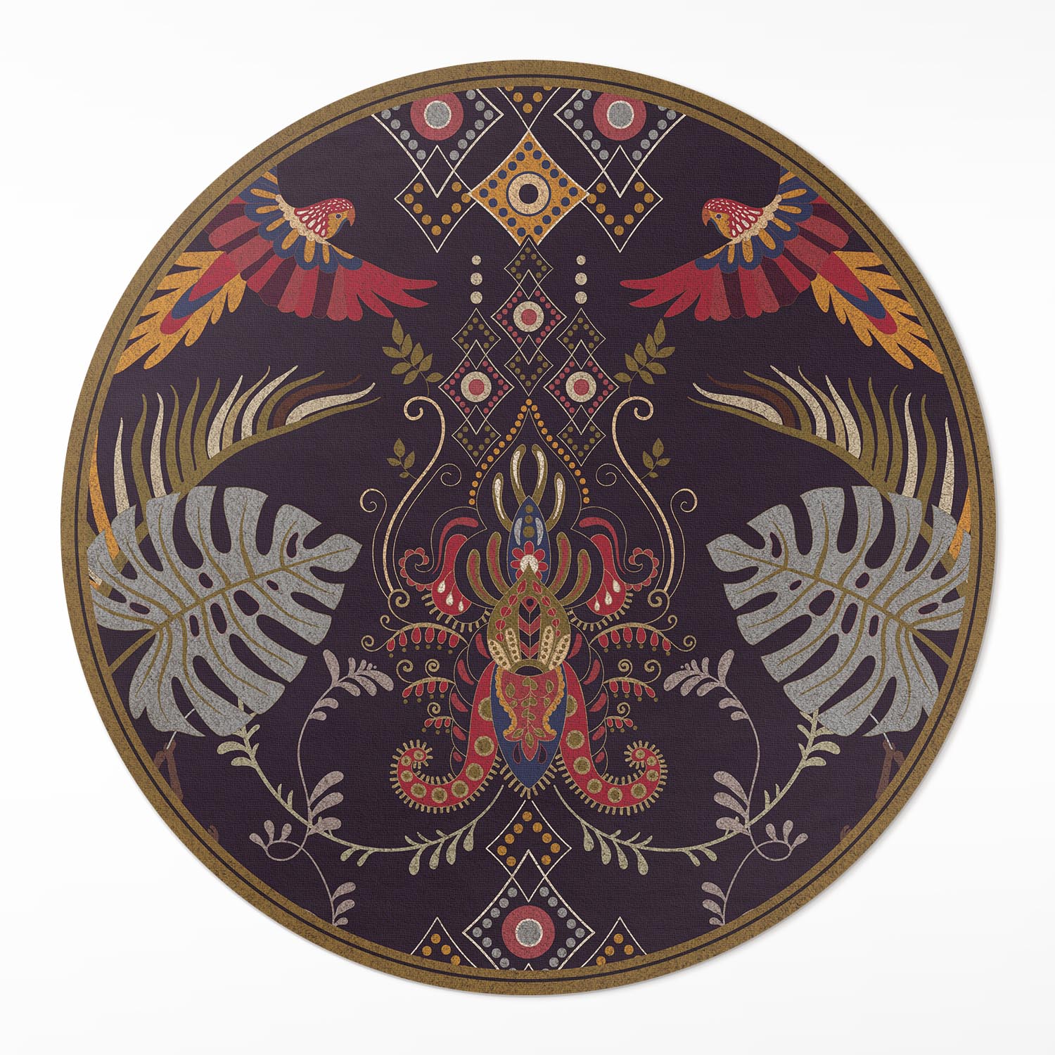 Dekorativní Kulatý Koberec Loftový vinyl Papoušci a listy monstery ⌀ 140 cm