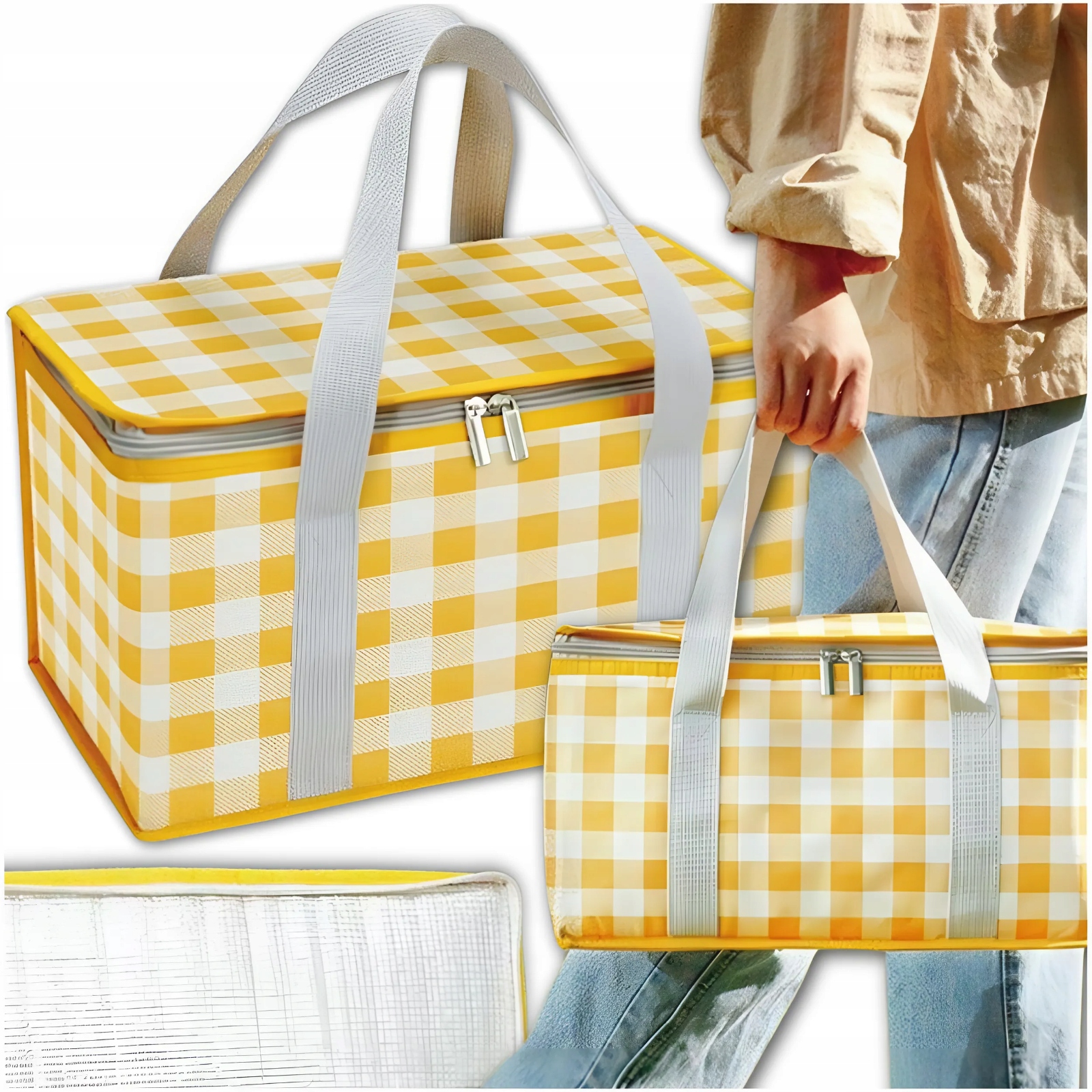 LUNCH BOX termiczna piknikowa duża pojemna na jedzenie torba w kratkę Marka EdiBazzar