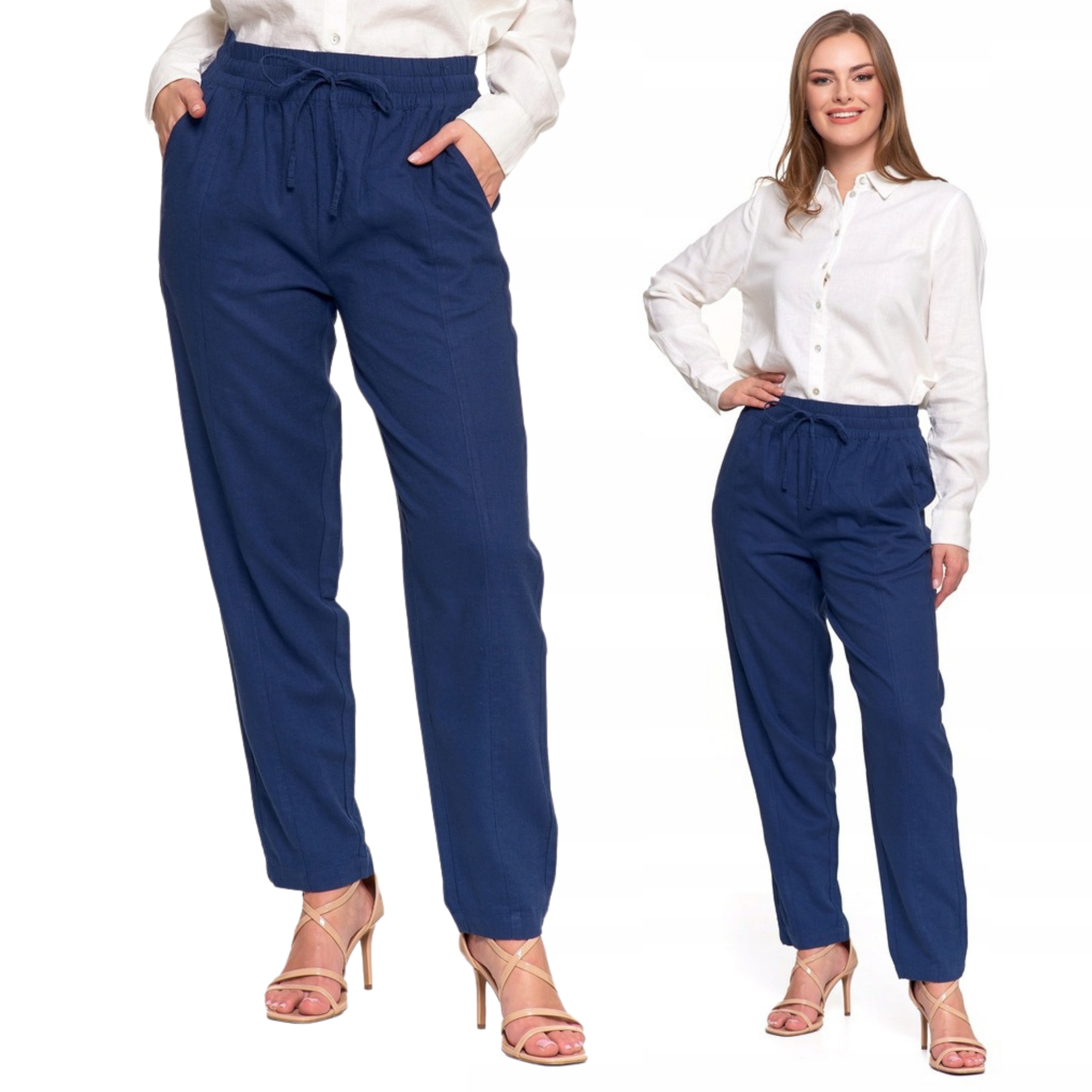 Lniane Spodnie Damskie Moraj Prosta Nogawka I Talia Na Gumce M