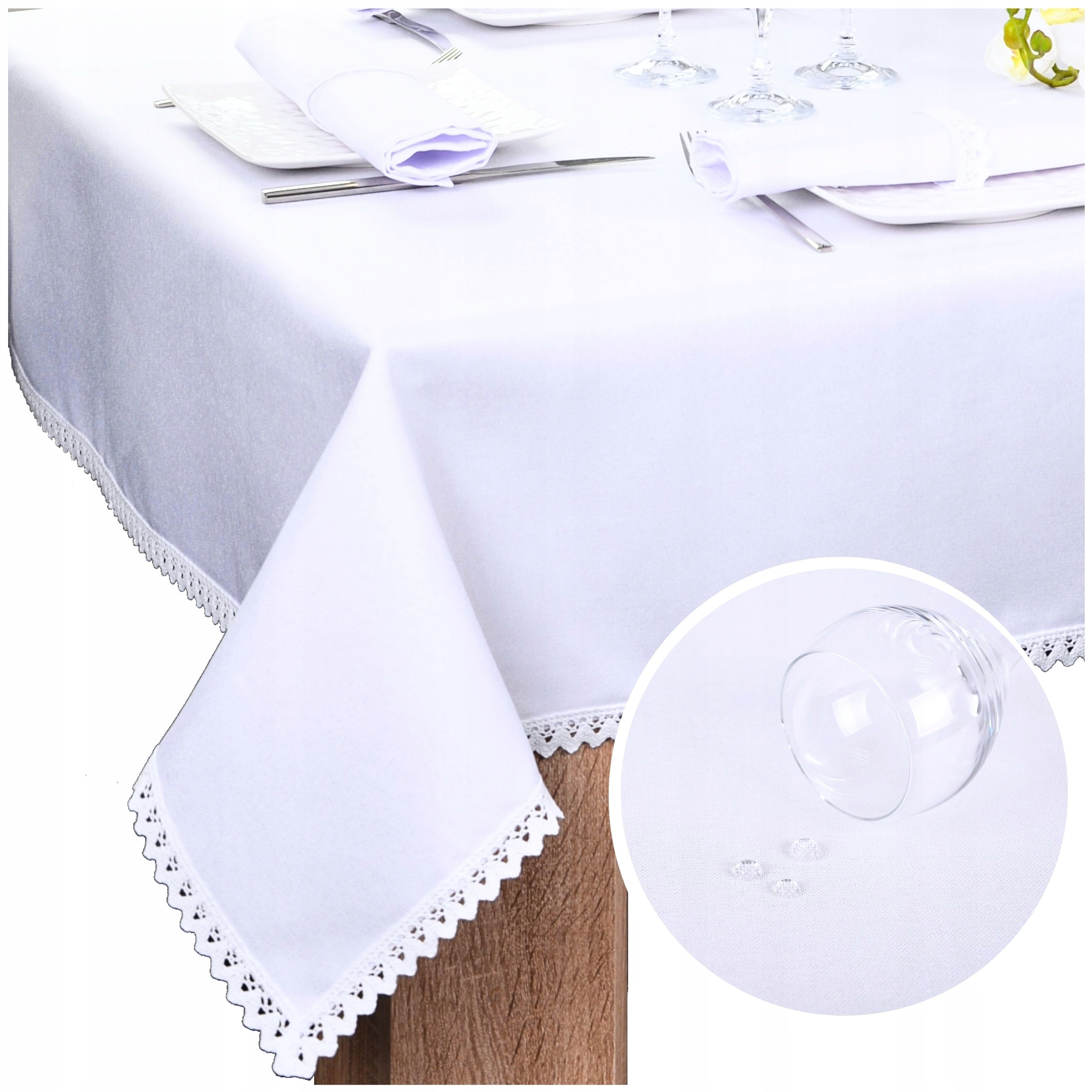 Obrus Na Stół z Koronką Malaga 320x140 Obrus Biały Plamoodporny Dekoracyjny