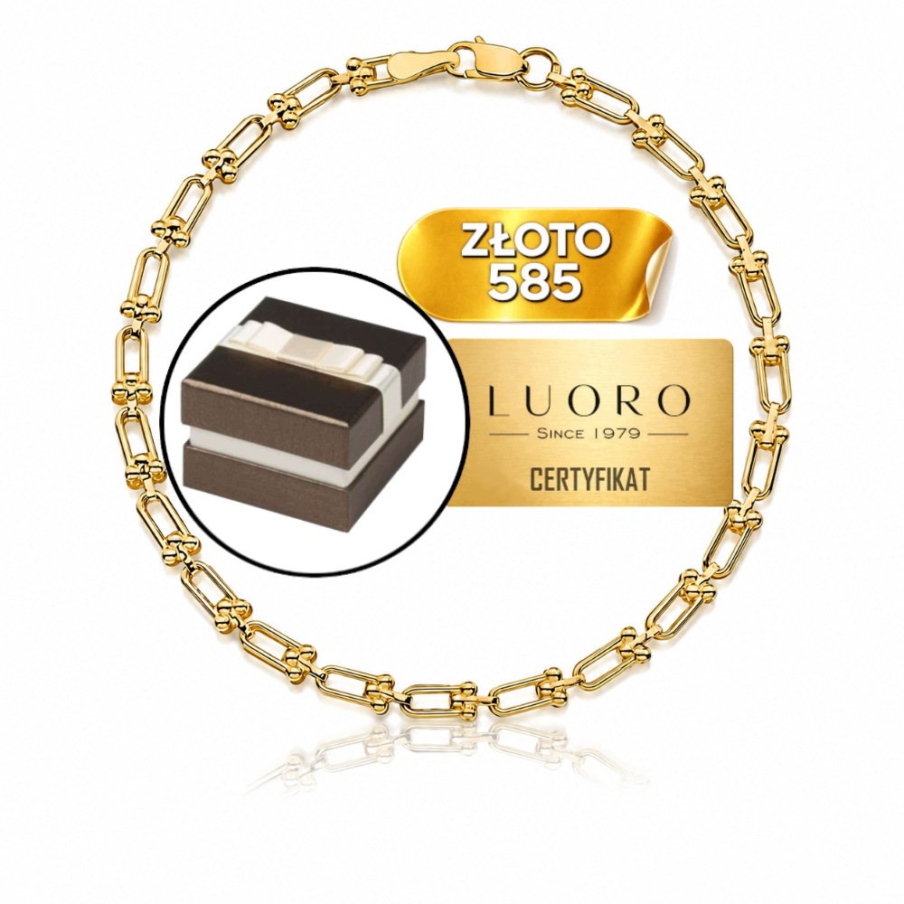 Zlatý Náramek 585 14K Srdce Vazba Článku Kuličky 18,5 CM Elegantní