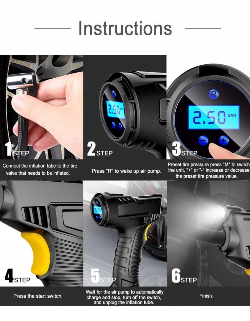 Pompka rowerowo-samochodowa LCD Automatyczny Kompresor BEZPRZEWODOWY USB Ciśnienie maksymalne 10.3 bar