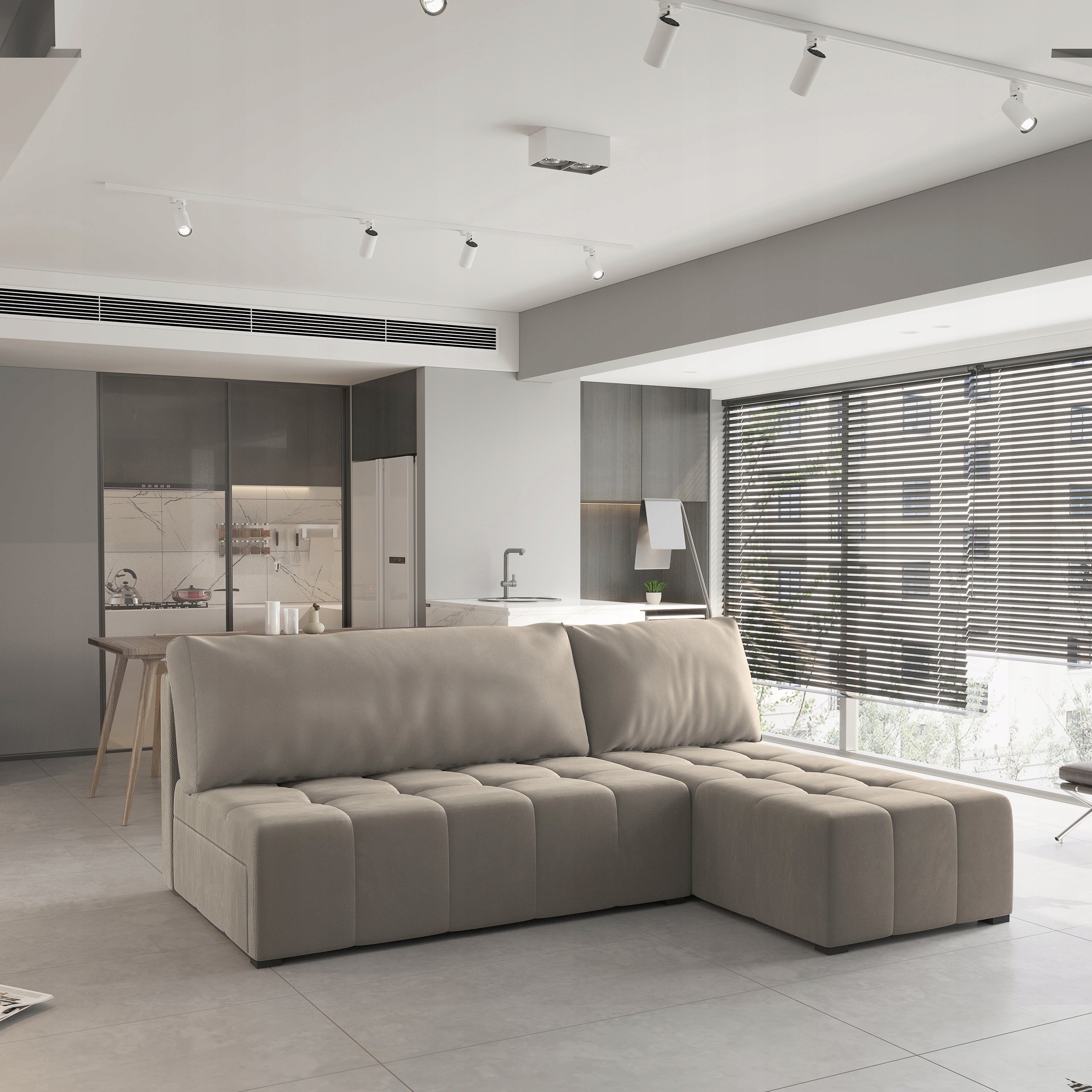 Rohová Sedací Souprava Domira Funkce spaní Klasická plyšová tkanina Béžová