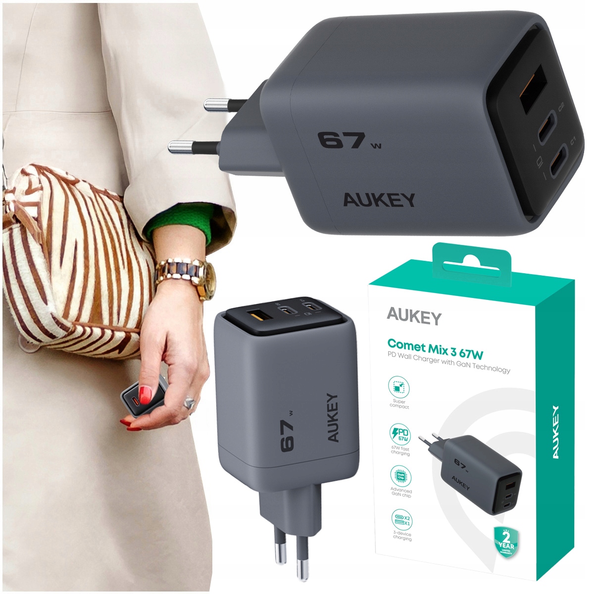 Síťová Nabíječka Aukey cestovní kompaktní 67W 1x Usb-a 2x Usb-c GaN