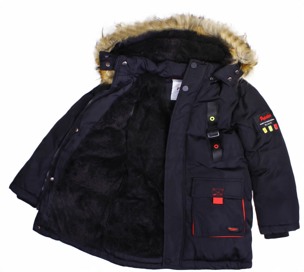 

Ciepła Czarna zimowa kurtka parka futro 98 104