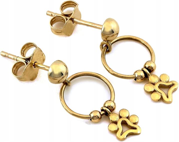 Zlaté jemné náušnice 585, malá kolečka s psí tlapkou jako dárek 14K, módní