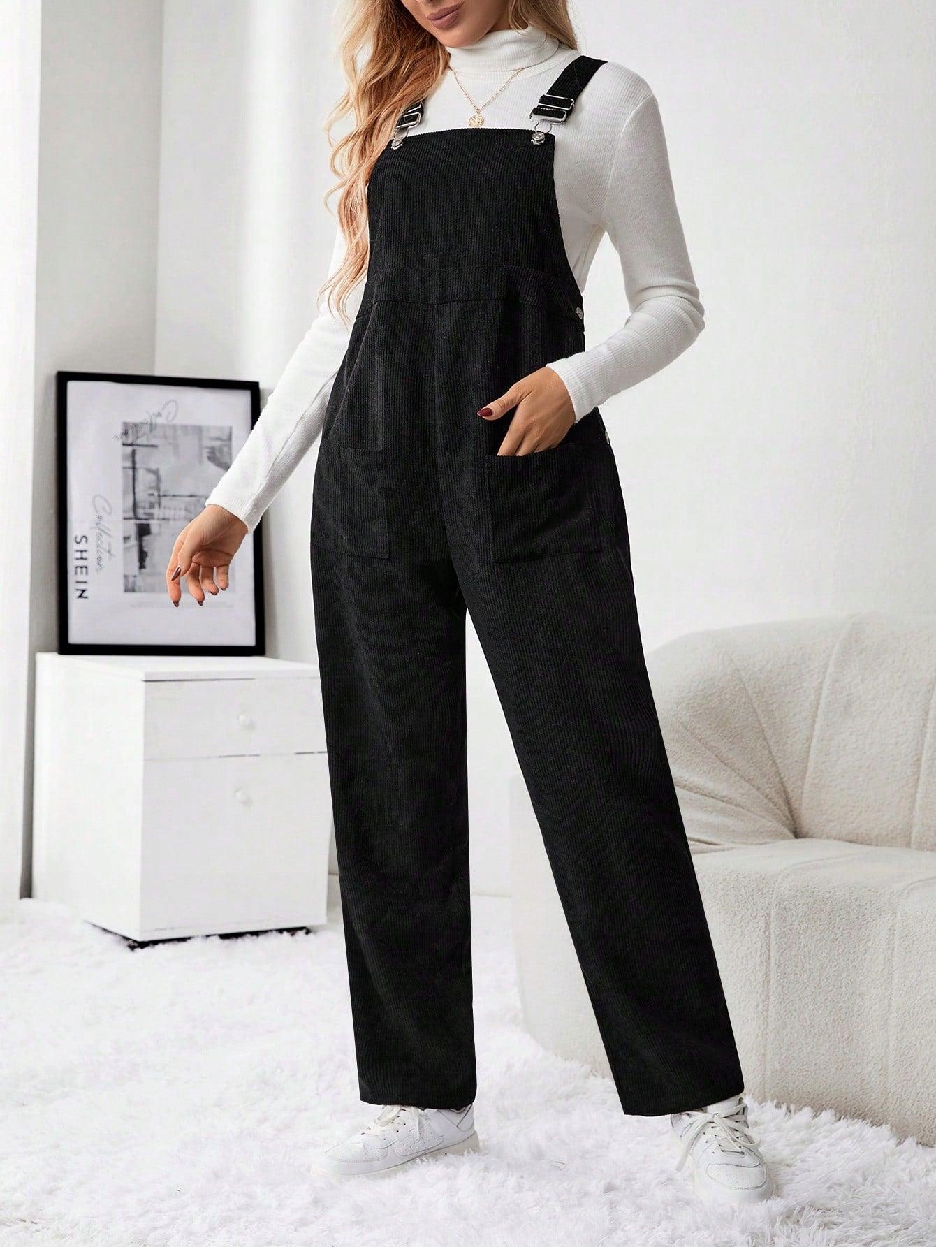 CZARNE DŁUGIE PROSTE SHEIN 38 SPODNIE CIĄŻOWE OGRODNCZKI SZTRUKSOWE