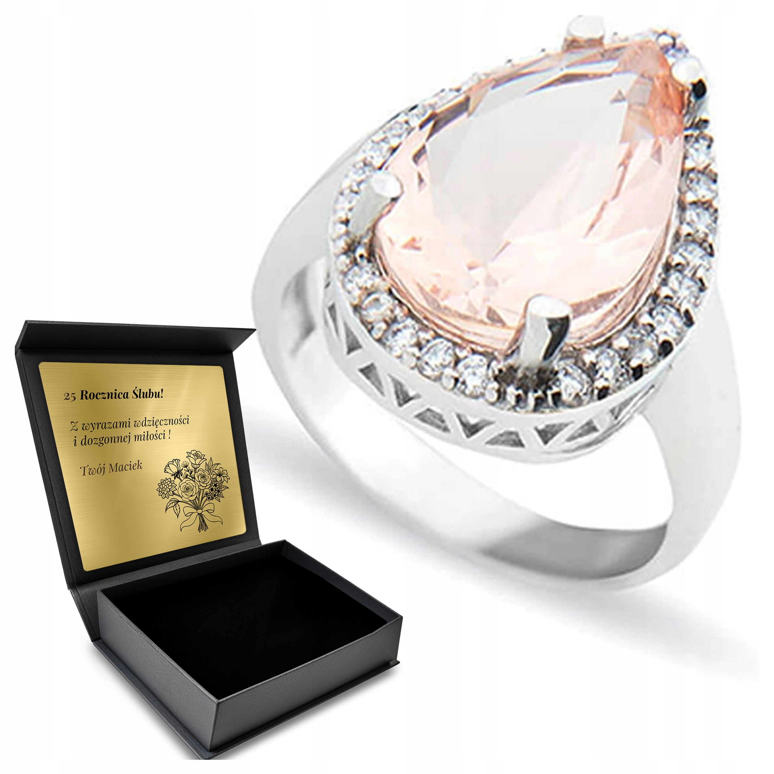 Prstýnek 925 Zirkony A Morganit Dárek pro ženu Gravírování