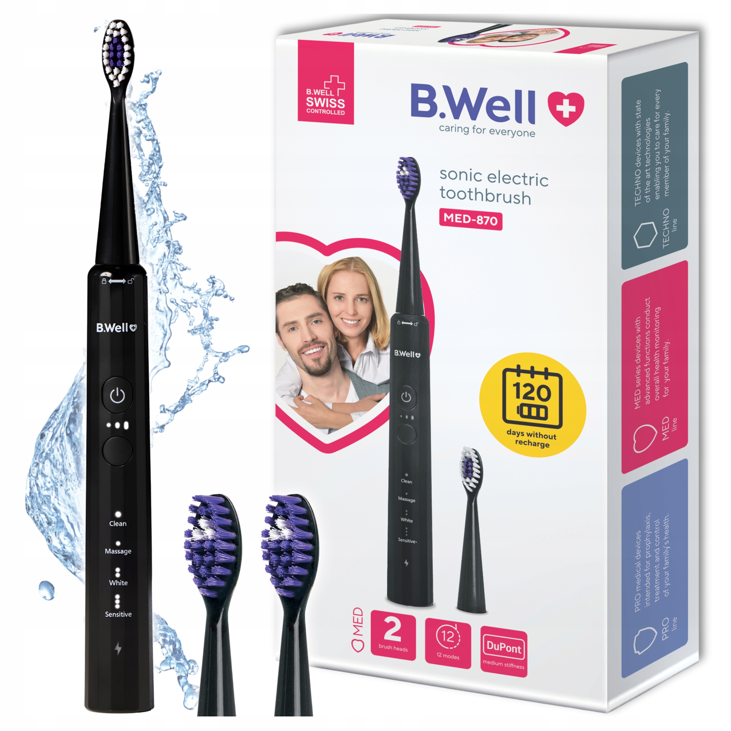 Szczoteczka Soniczna Elektryczna do Zębów 4 Tryby 2x Końcówki Etui B.Well