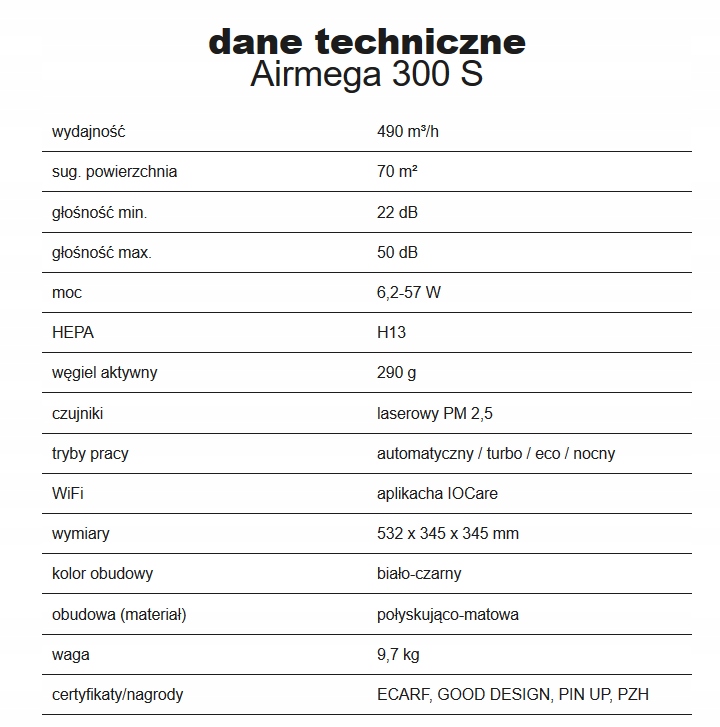 Oczyszczacz powietrza Coway Airmega Maksymalna wielkość pomieszczenia 70 m²