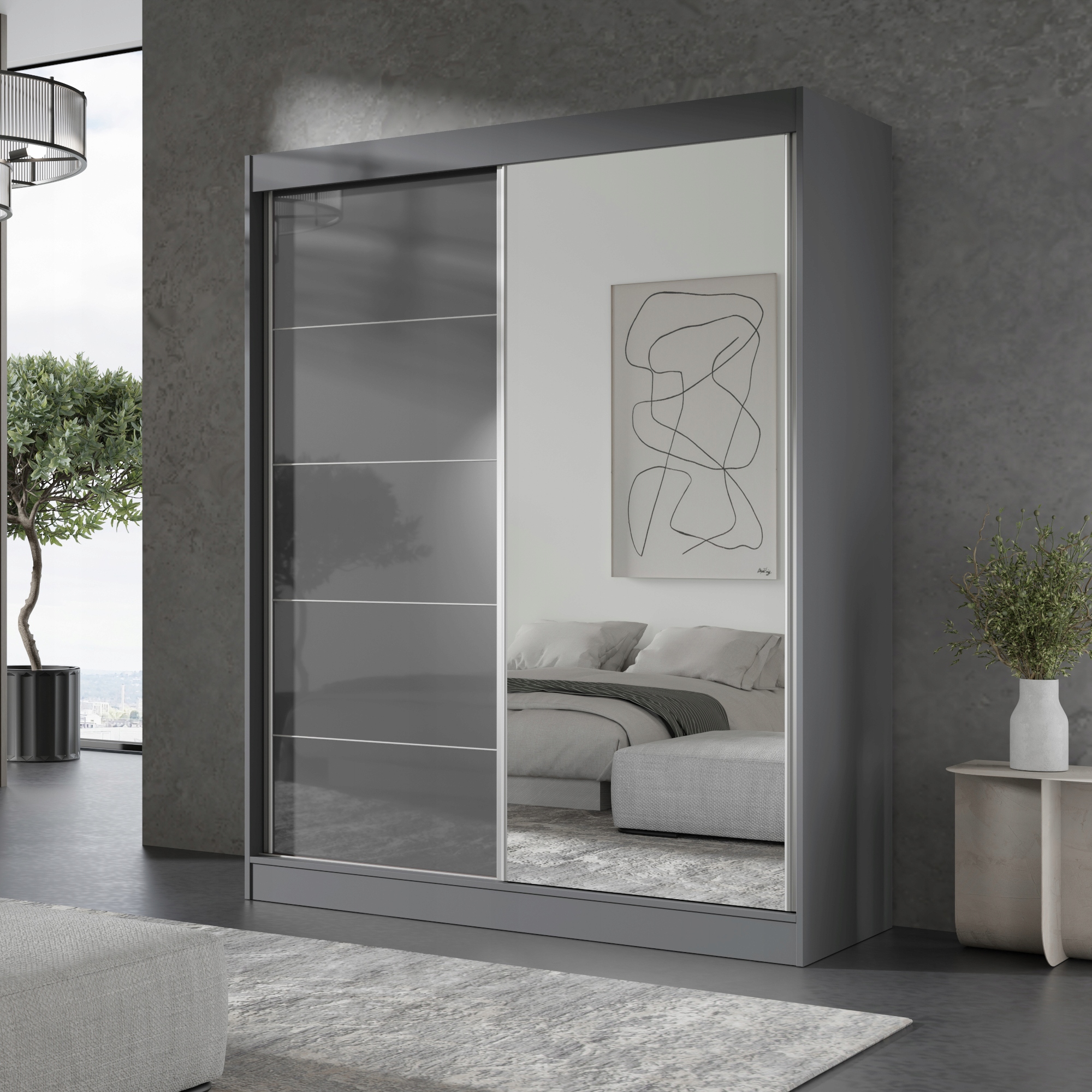 Szafa przesuwna z lustrem Como 2D1L 150 Szara (lacobel)