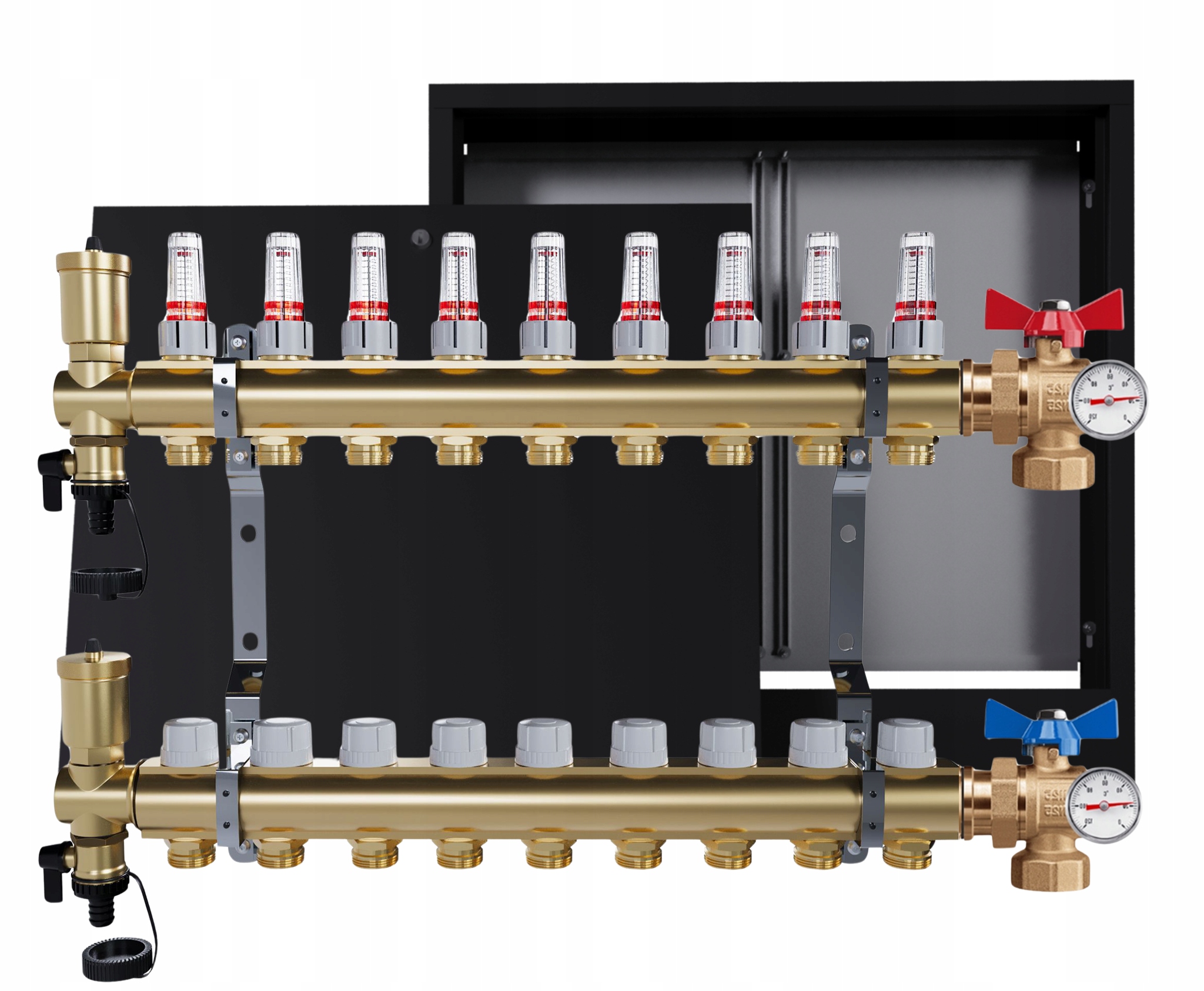Rozdělovač Pro Podlahovku 9 Okruhů Ventily Nástěnná Skříňka Černá