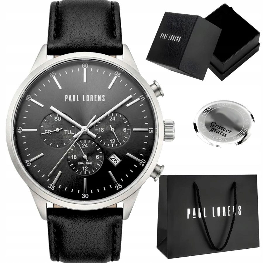 Pánské hodinky Paul Lorens Largo Dual Time Datumovka kožené Gravírování
