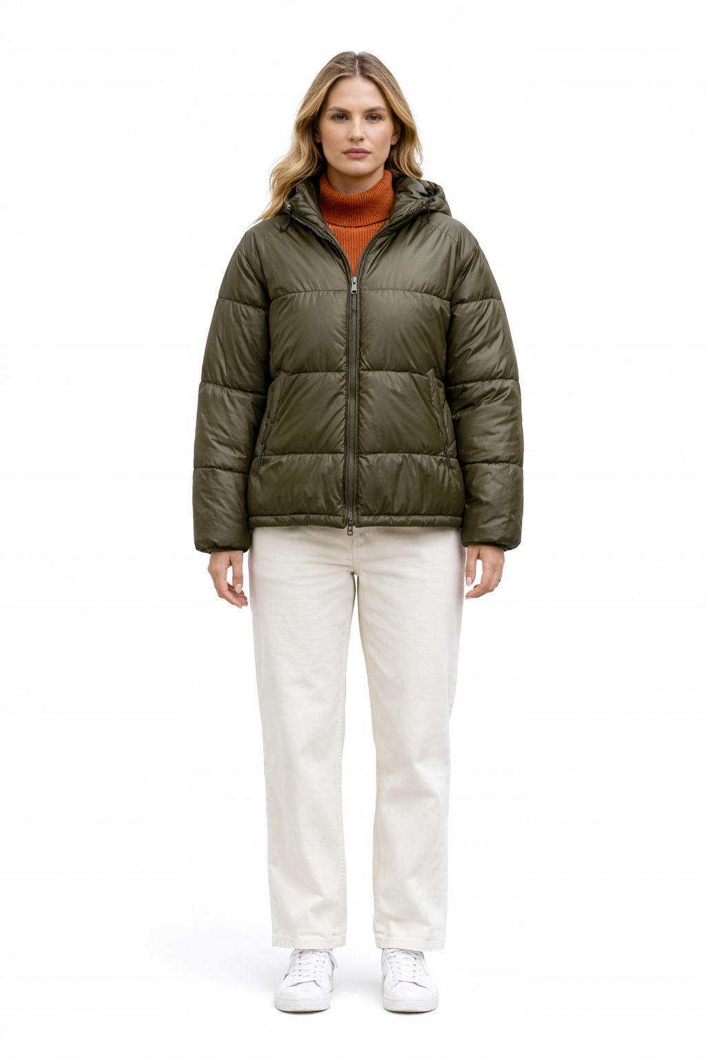 Péřová Bunda S Kapucí Olivová, Prošívaná, Velikost 1I3A