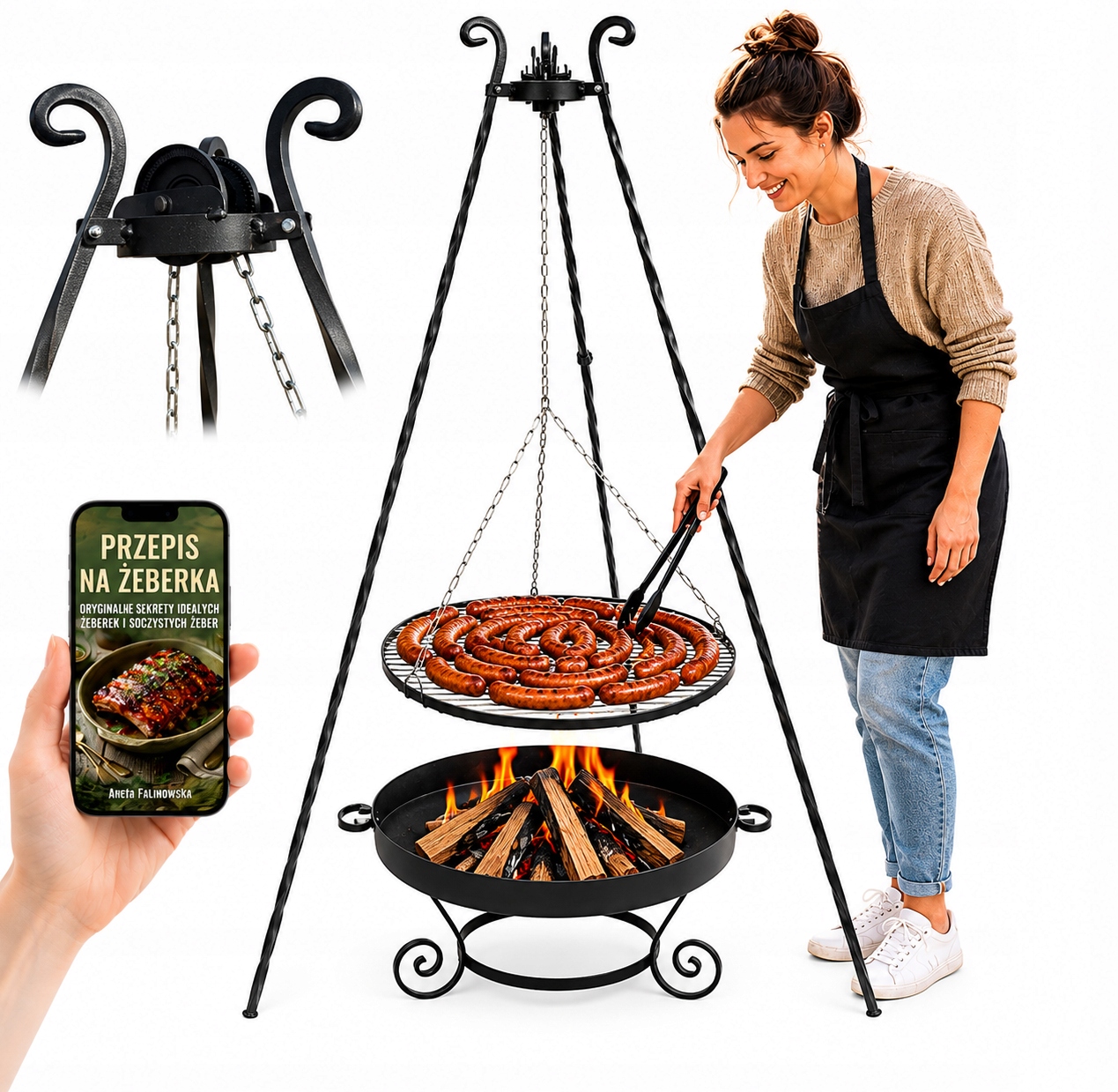 Grill Ogrodowy Wiszący Grill Ogrodowy Trójnóg Ruszt 60 cm Palenisko xxl