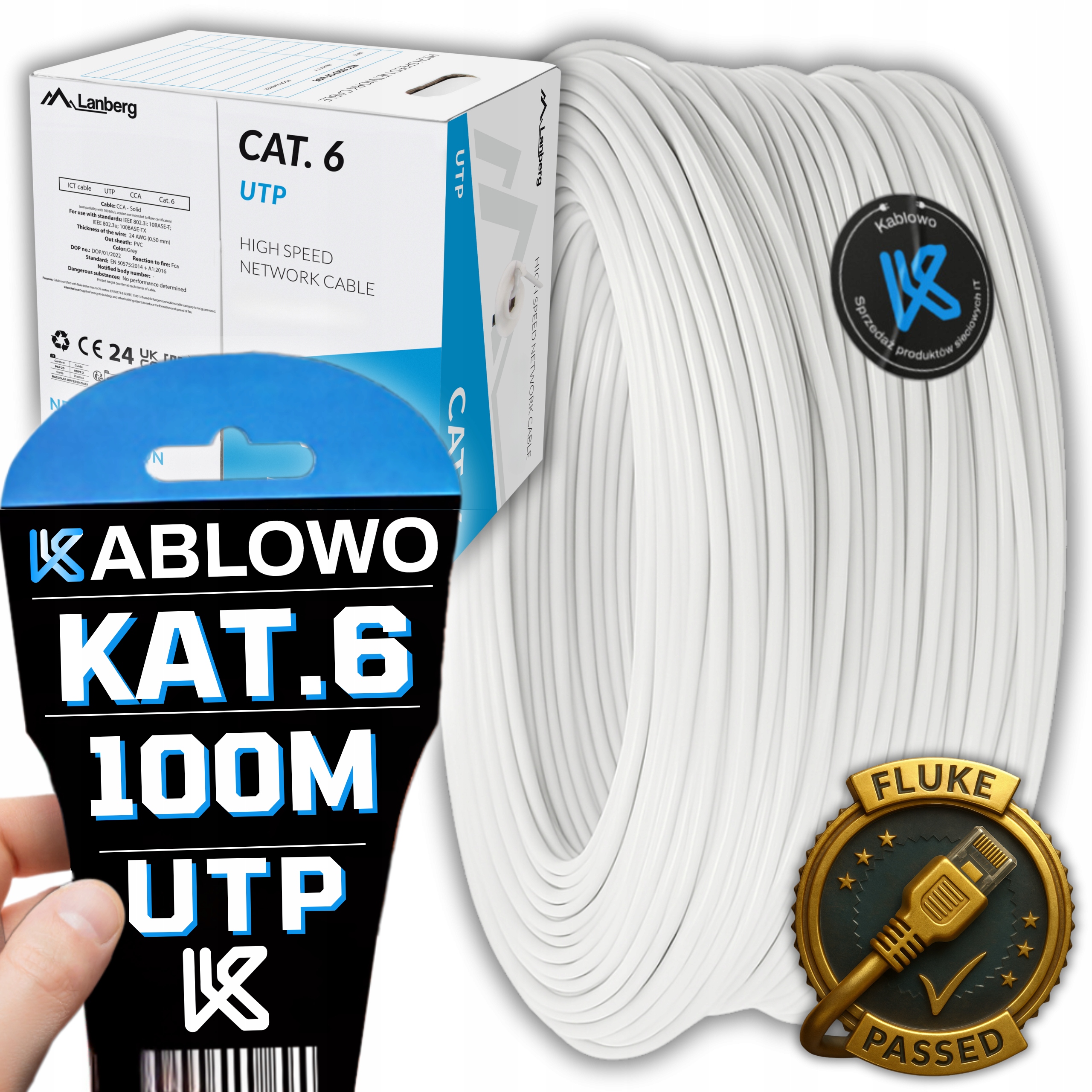 KABEL SIECIOWY SKRĘTKA PRZEWÓD LAN RJ45 UTP KAT.6 FLUKE CAT.6 100M LANBERG