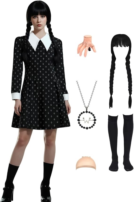 Kostým Wednesday Addamsová gotický kostým převlek rodina addamsů paruk Xs
