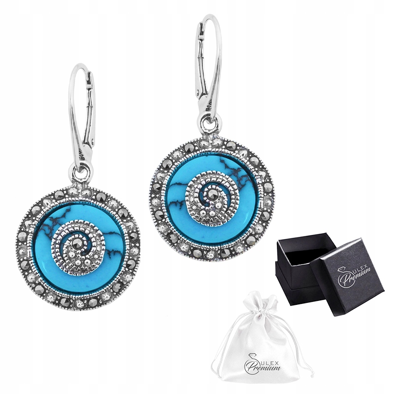 Kolczyki srebro pr. 925 Ekskluzywne Kolczyki z Turkusem i Markazytami