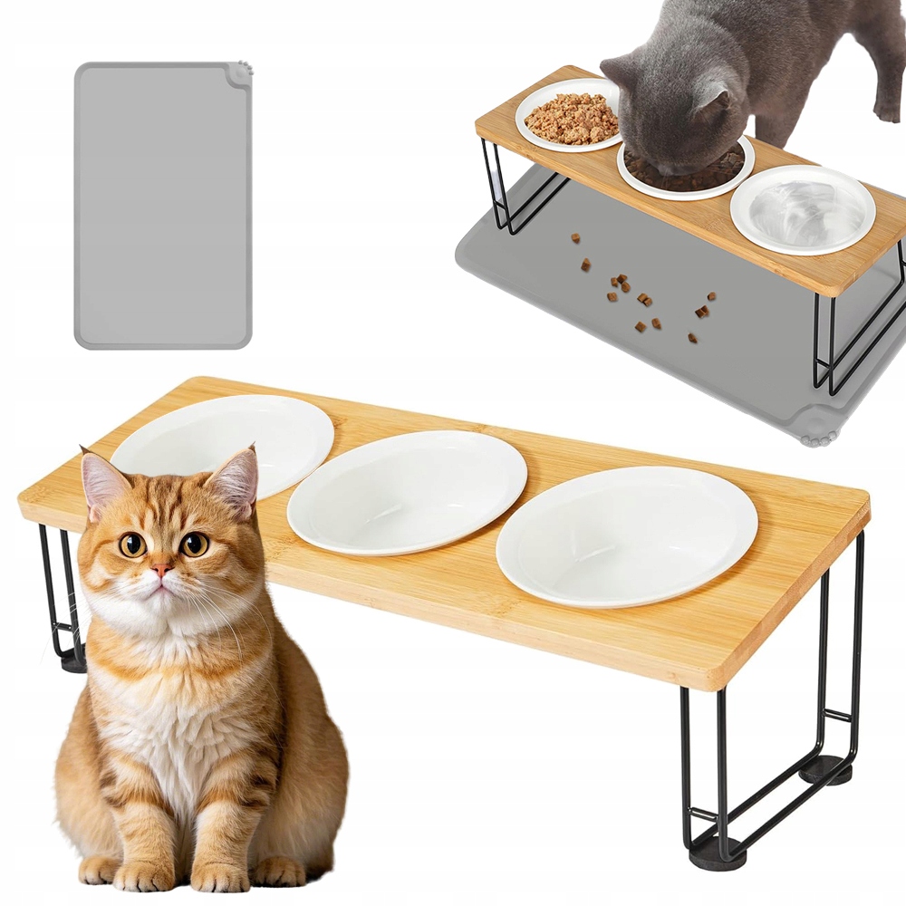 Keramická Miska Dvojitá Pro Psa A Kočku, 3 Misky, Dřevěná Základna