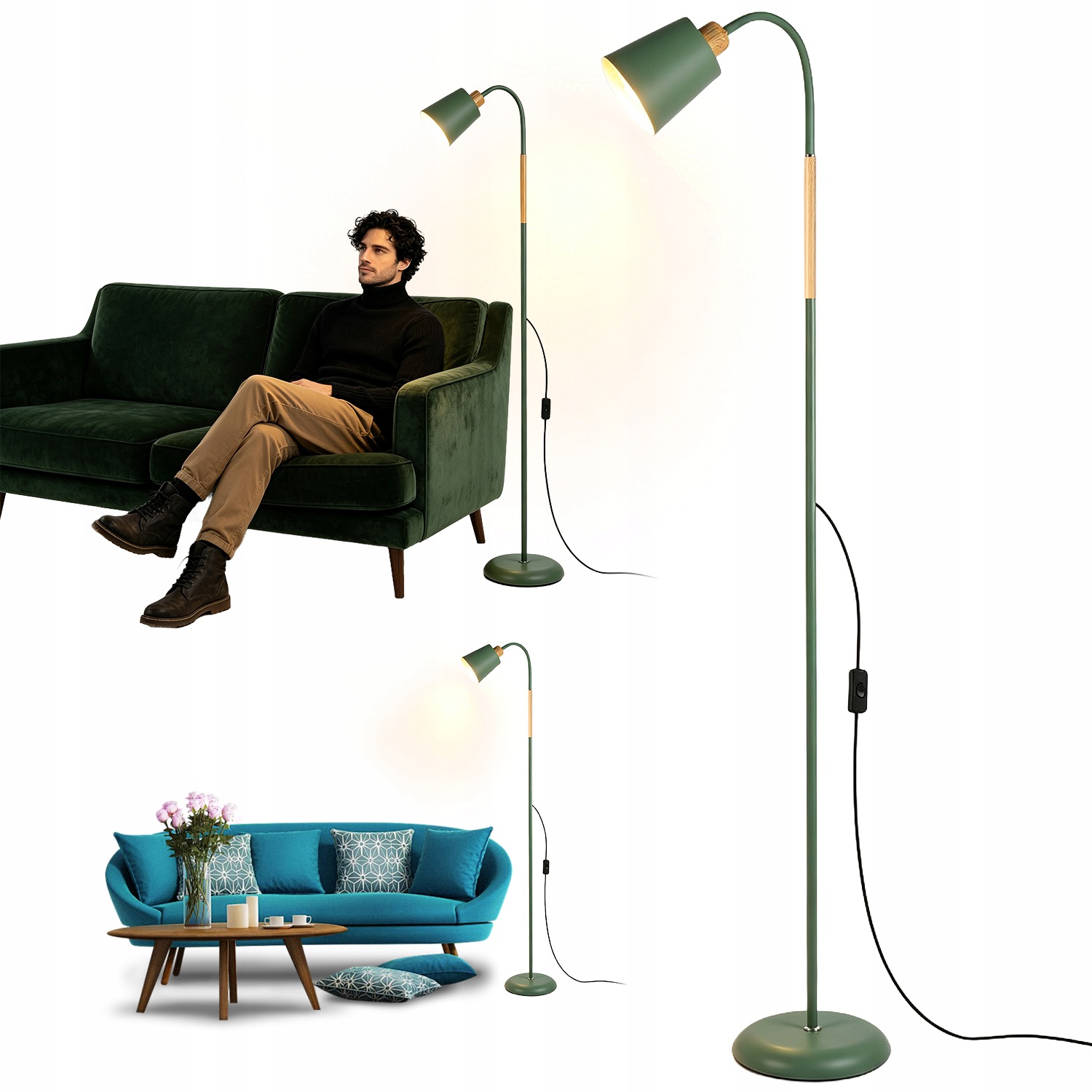 Moderní Podlahová Stojací Lampa 150 CM, Zelené Stínidlo E27 Spínač