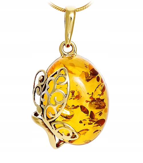 ZŁOTY WISIOREK motylek z naturalny BURSZTYN bałtycki SREBRO 925 POZŁACANE