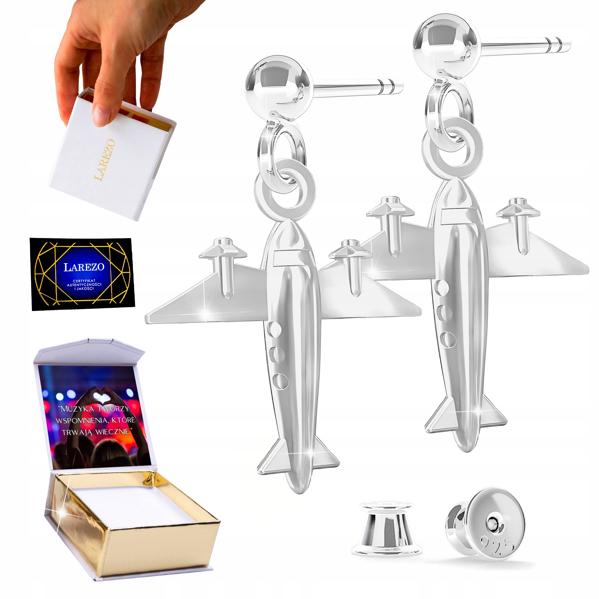 Stříbrné Náušnice 925 na tyči s letadlem Letadla Cestování Let Potisk