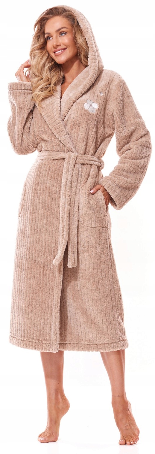 Ciepły SZLAFROK DAMSKI W PRĄŻKI L&L BEŻOWY 12313 L Marka L&L