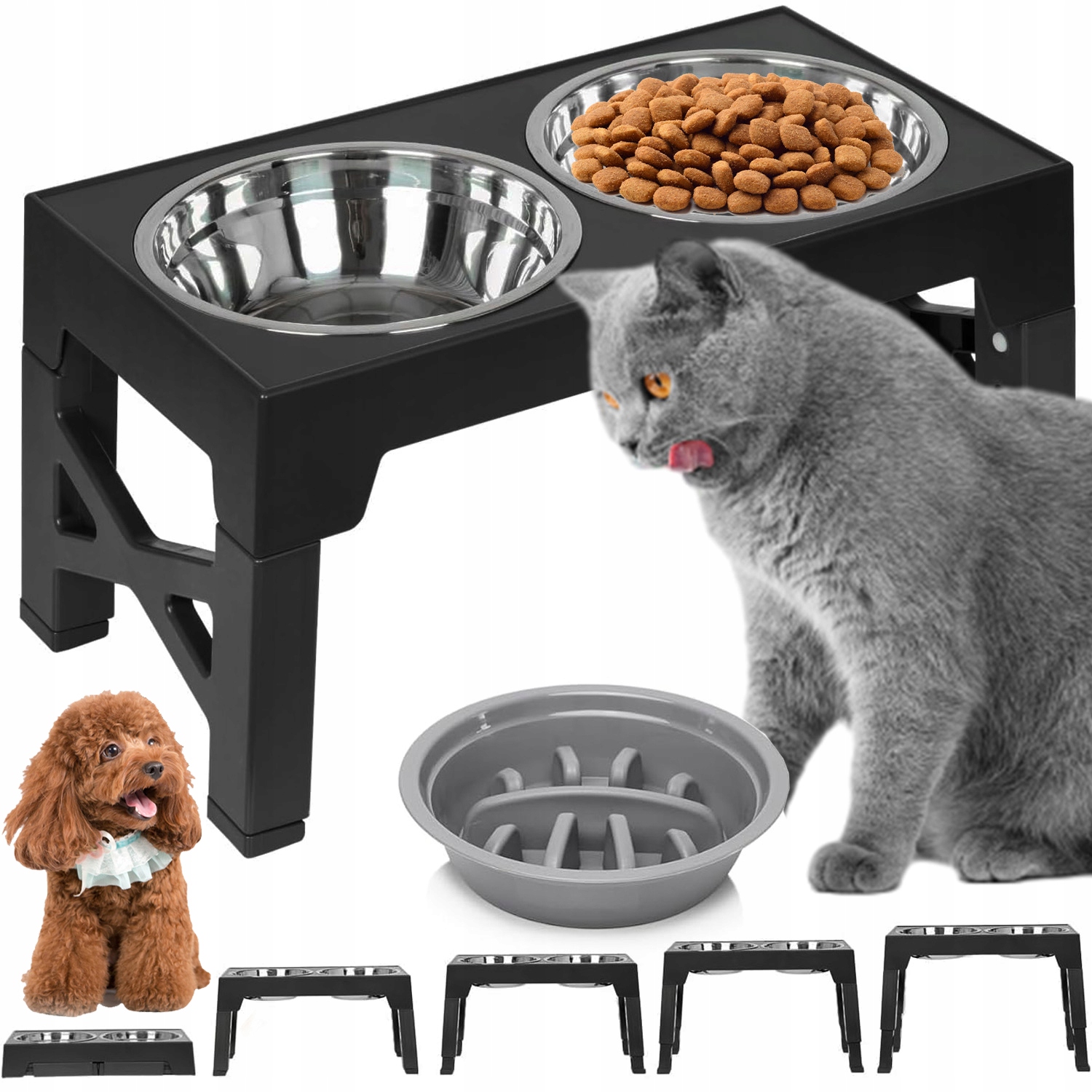 Levně Regulovatelný Stojan Na Misky Sada Pro Kočky Psa Na Krmivo Vodou Trvanlivá Černá
