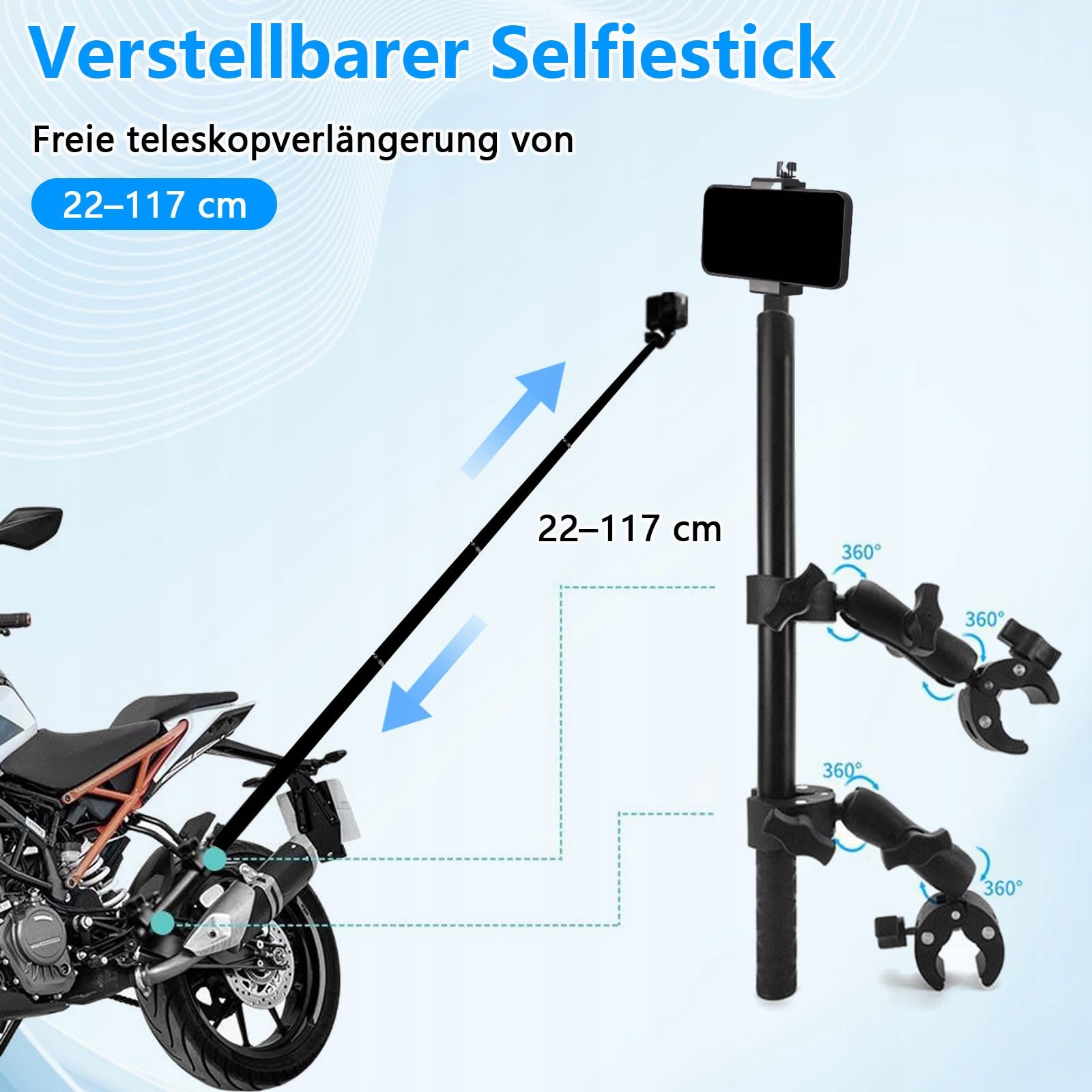 Uchwyt Kamery Motocyklowy 360° Klamra Selfie Stick 120cm Rower YUZINO — miniatura 4