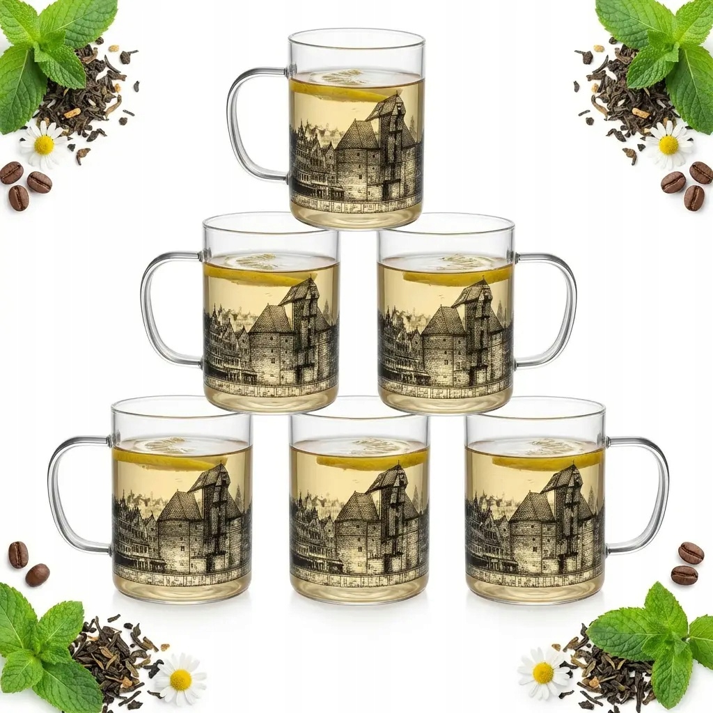 Sklenice Hrnek Potisk Město Gdaňsk 400 ML Sada 6 Sklenic Hrnků Sklo