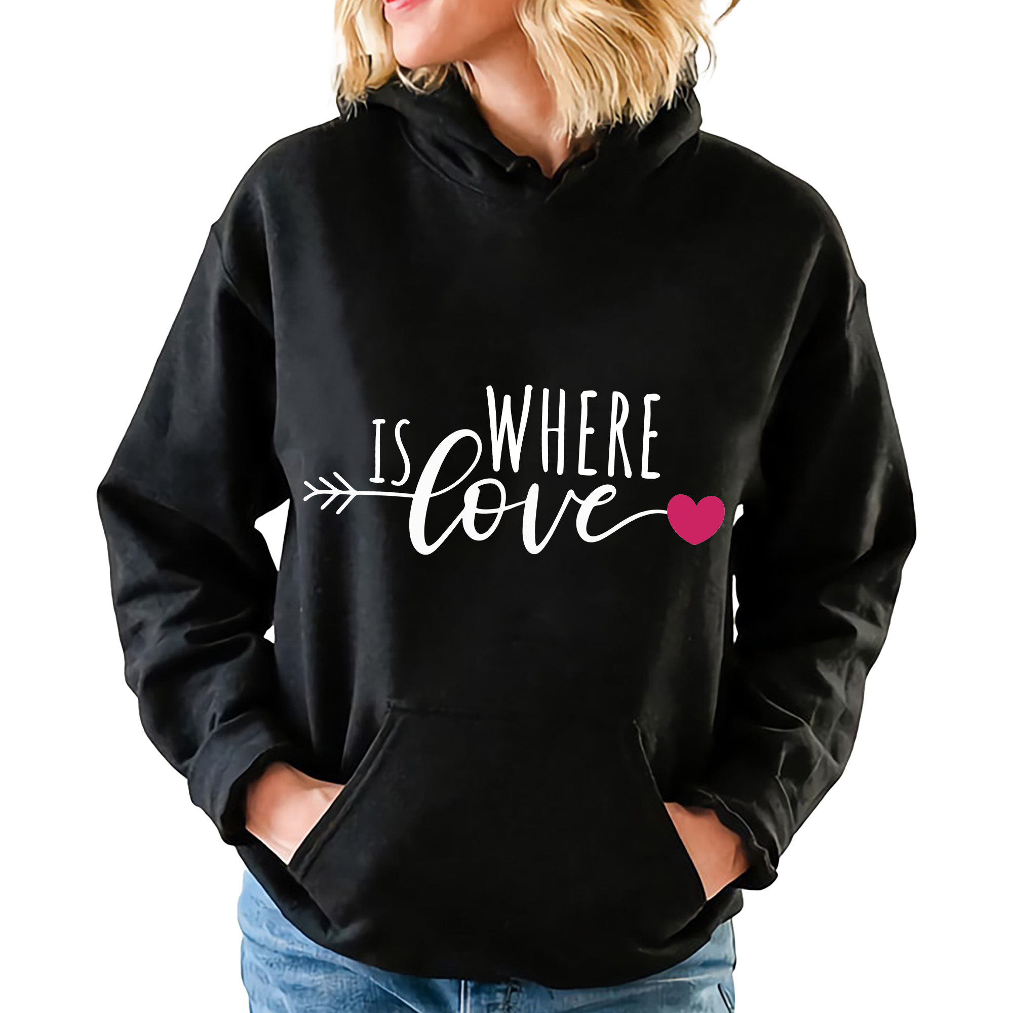 Černá mikina s kapucí Dárek pro ženy Where Is Love Velikost M
