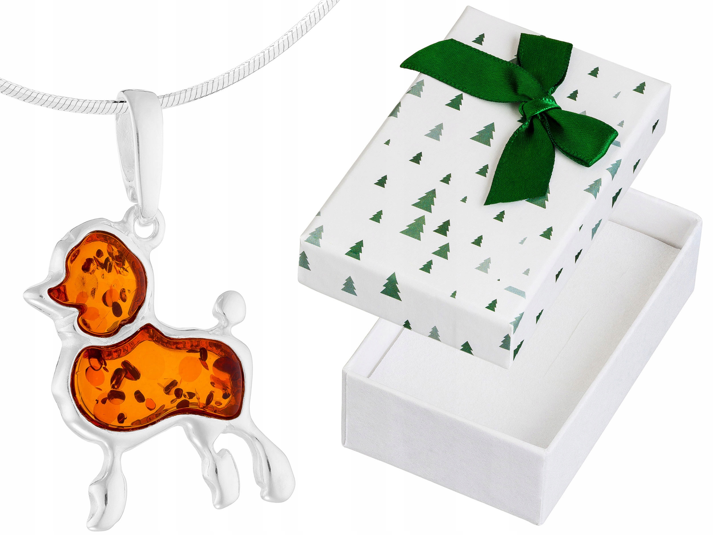 Dlouhý Stříbrný Dámský Náhrdelník Poodle s Jantarem Pes Jantar Stříbro 50