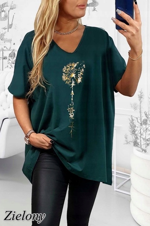 T-SHIRT KOSZULKA BAWEŁNA złoty dmuchawiec V dekolt oversize plus size T32 Marka Inny