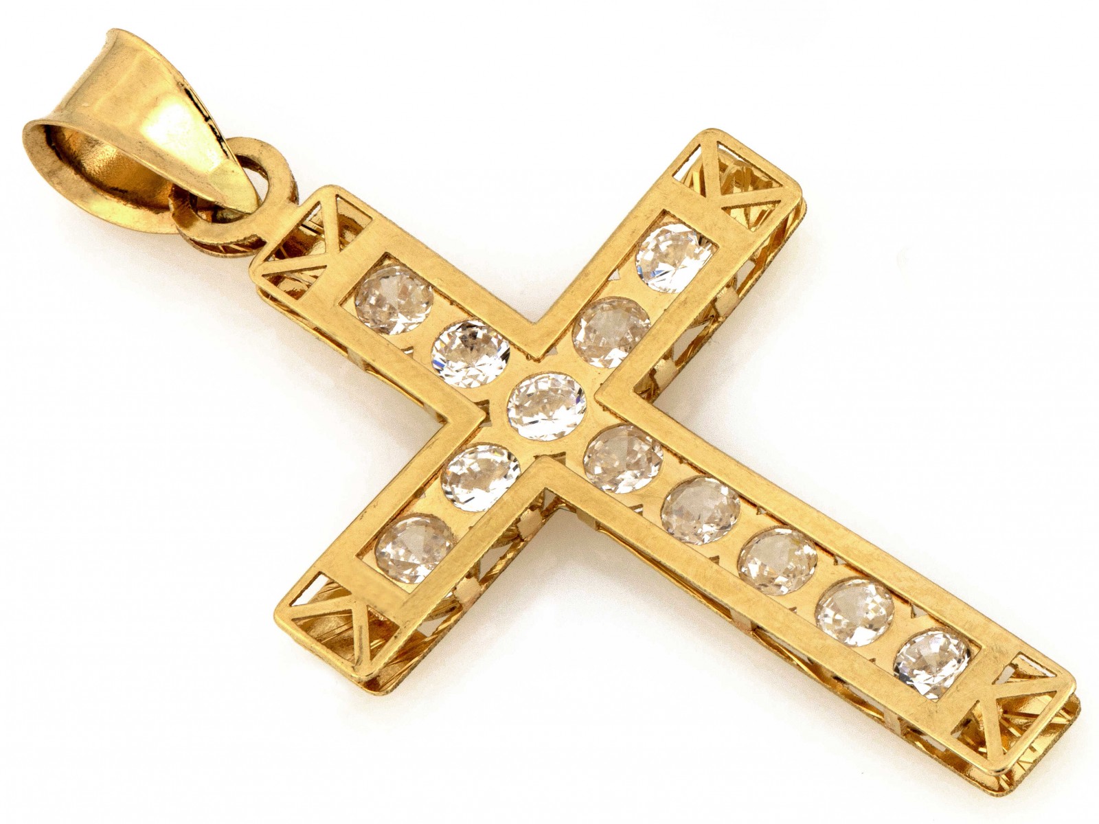 Zlatý křížek s zirkony, prolamovaný model 585 14k 0.90g pro svaté přijímání a křest