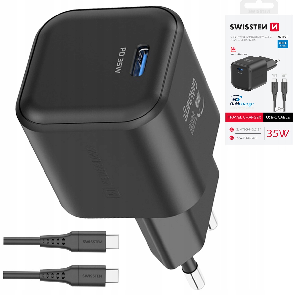 Swissten Szybka Ładowarka Sieciowa GaN Usb-c 35W Pd kabel Usb-c Usb-c