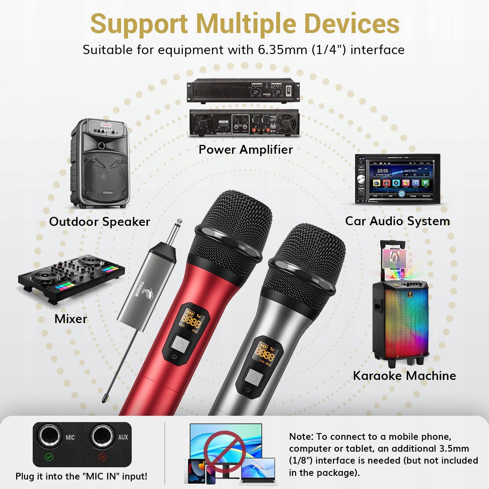 TONOR Mikrofon Bezprzewodowy UHF Dual Metaliczny System Karaoke DJ Kościół — miniatura 5
