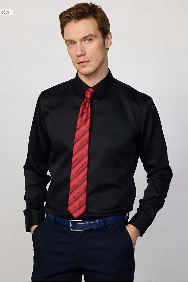 Hladká Černá Klasická Košile Casual S Dlouhým Rukávem, Velikost 5IA*
